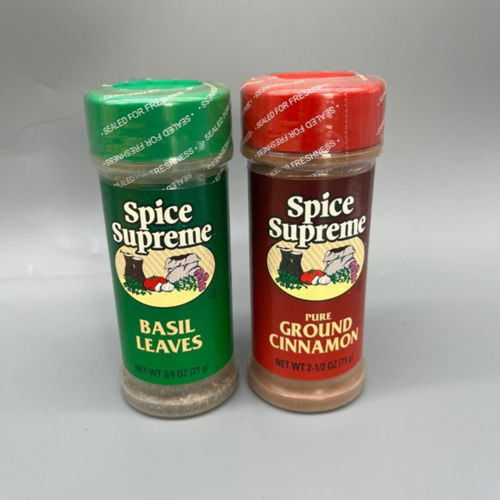 Set Vintage Spice Supreme Basil Leaves 3/4oz & Ground Cinnamon 2 1/2oz‎ NOS